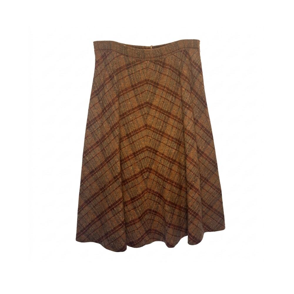 Take 1 Vintage Chevron Plaid A-Line Midi Skirt Brown Tweed circa 1980s